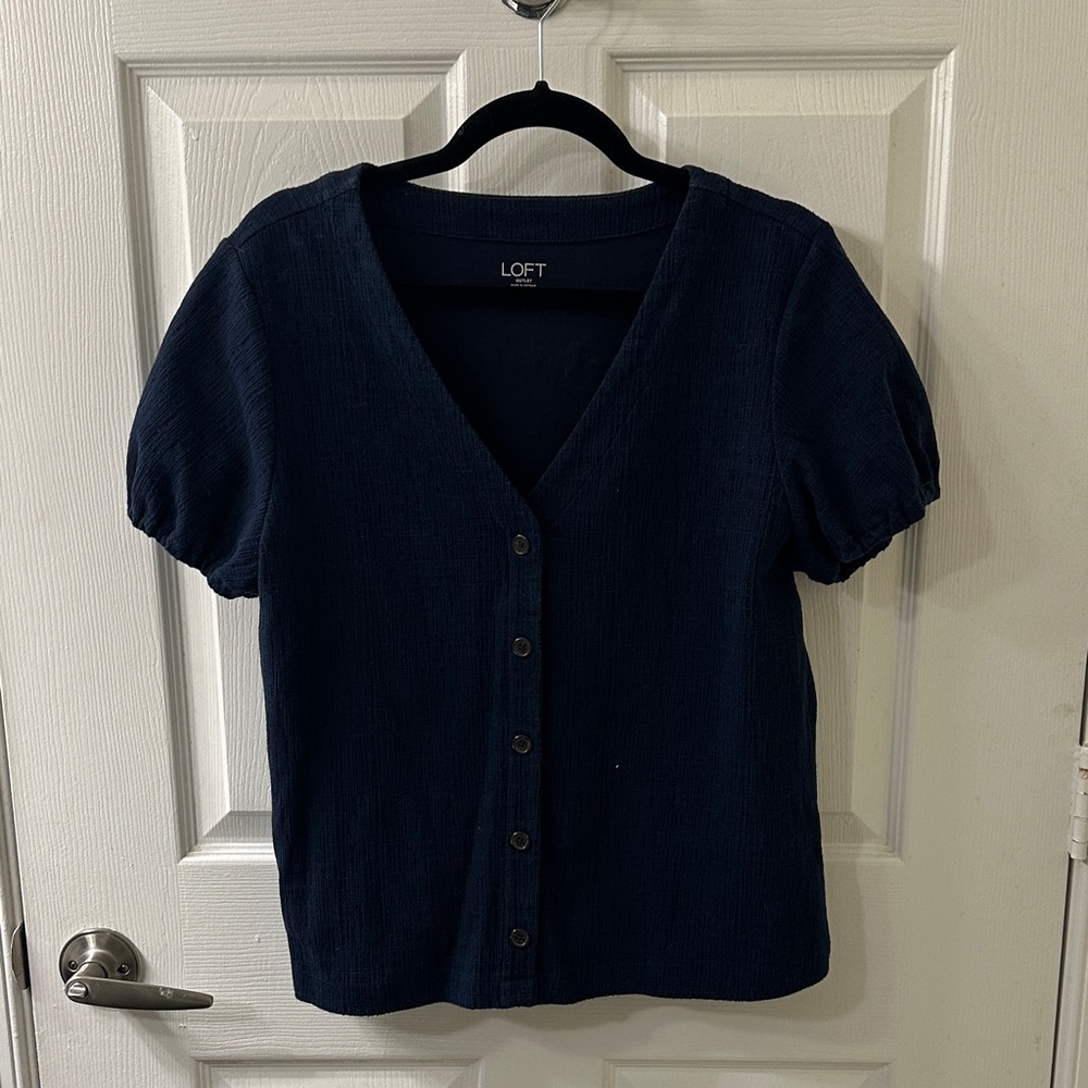 LOFT Dark Blue Short Sleeve Button Down Shirt